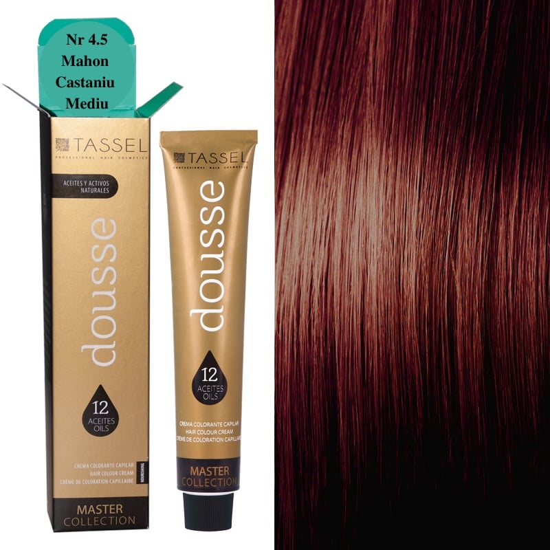 Vopsea Profesională de Păr Dousse Tassel 4.5 Mahon Castaniu Mediu – 100ml cu 12 Uleiuri Hrănitoare și Amoniac Redus