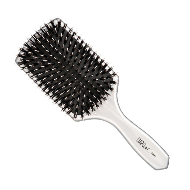 Perie Profesională pentru Păr și Extensii Silver – Plată Dreptunghiulară cu Peri Naturali și Nailon