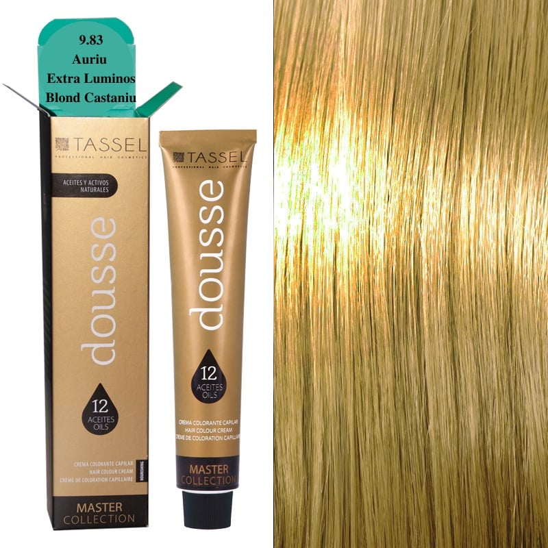 Vopsea Profesională de Păr Dousse Tassel 9.83 Auriu Extra Luminos Blond Castaniu – 100ml cu 12 Uleiuri Hrănitoare și Amoniac Redus