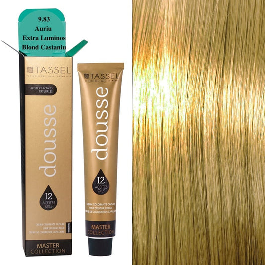 Vopsea Profesională de Păr Dousse Tassel 9.83 Auriu Extra Luminos Blond Castaniu – 100ml cu 12 Uleiuri Hrănitoare și Amoniac Redus