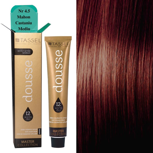 Vopsea Profesională de Păr Dousse Tassel 4.5 Mahon Castaniu Mediu – 100ml cu 12 Uleiuri Hrănitoare și Amoniac Redus